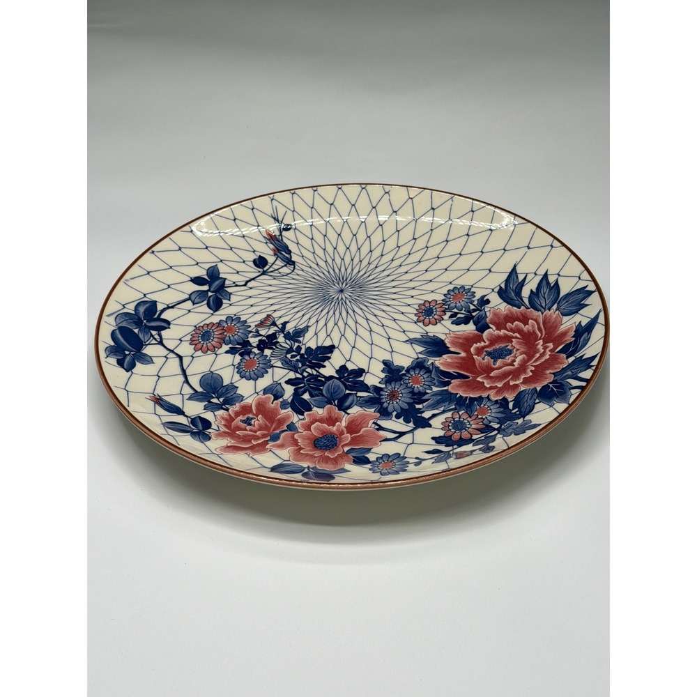 Large 15" Ceramic Charger Plate Blue Pink Peony Floral Pattern Japanese Style